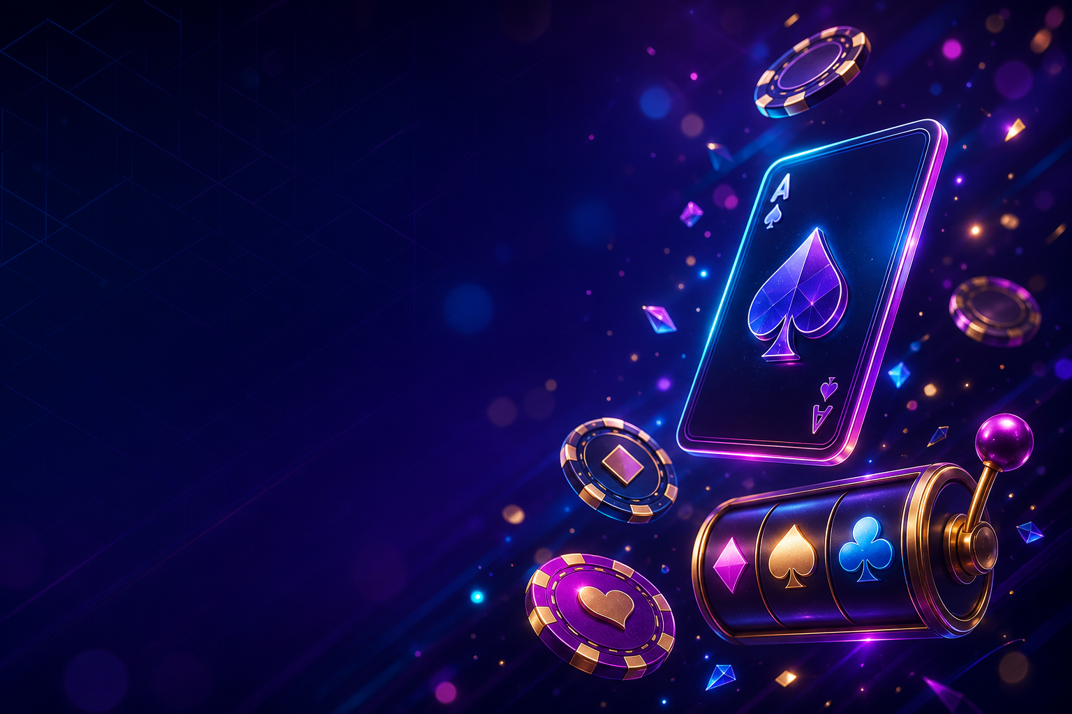 Elementos de jogos ao estilo casino a brilhar sobre um fundo violeta